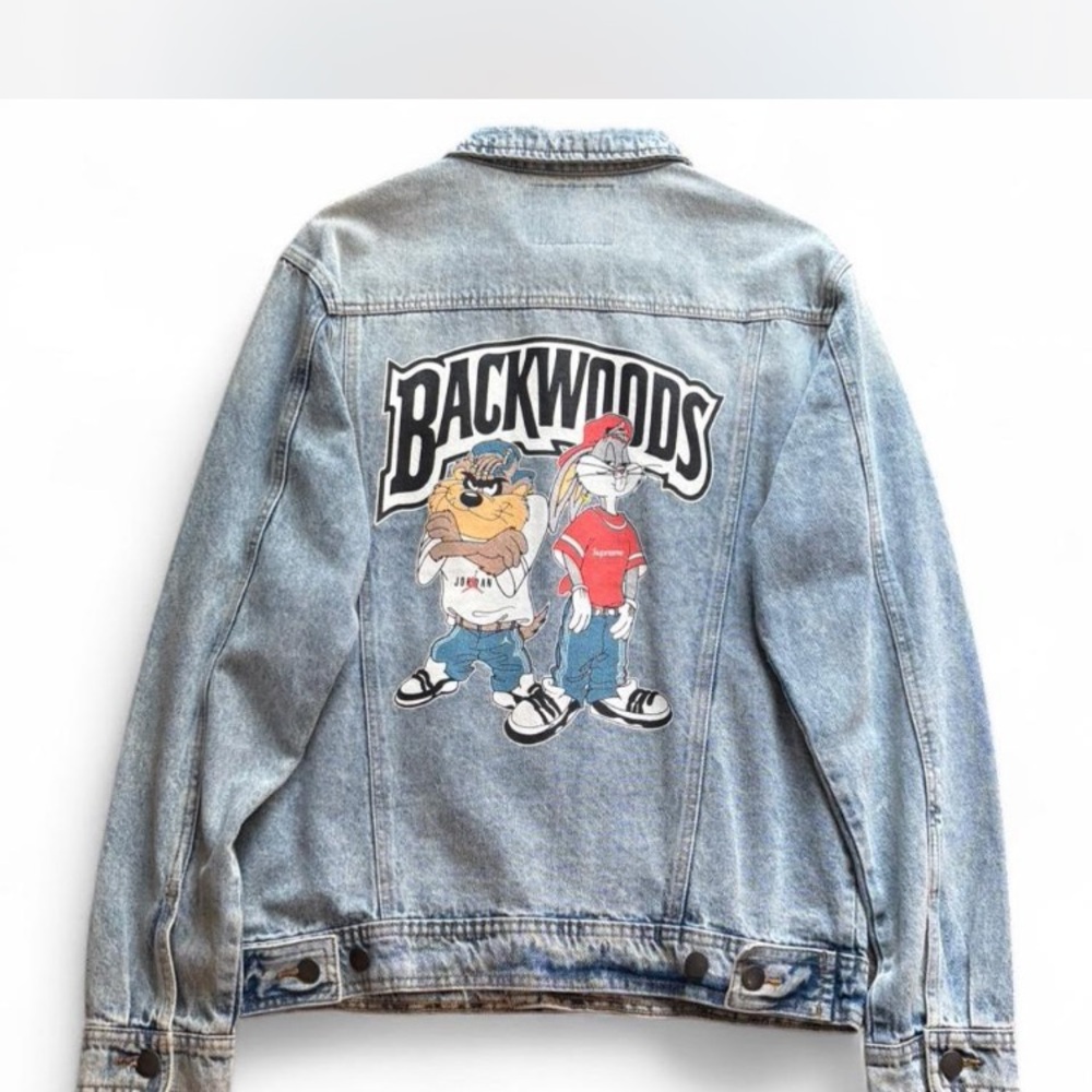 Light Blue Denim Jacket with Cartoon Back Graphic
